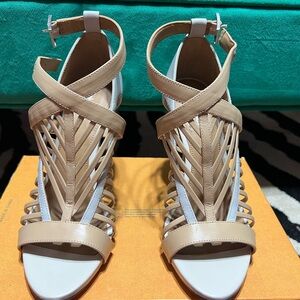 Calvin Klein Strap Heels, Nadia Cow Silk, Sandstorm/Gray, Sz 8
